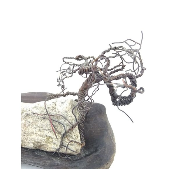 Handmade brutalist abstract modernist Metal Bonsai tree on rock & wood Artwork - Picture 5 of 11